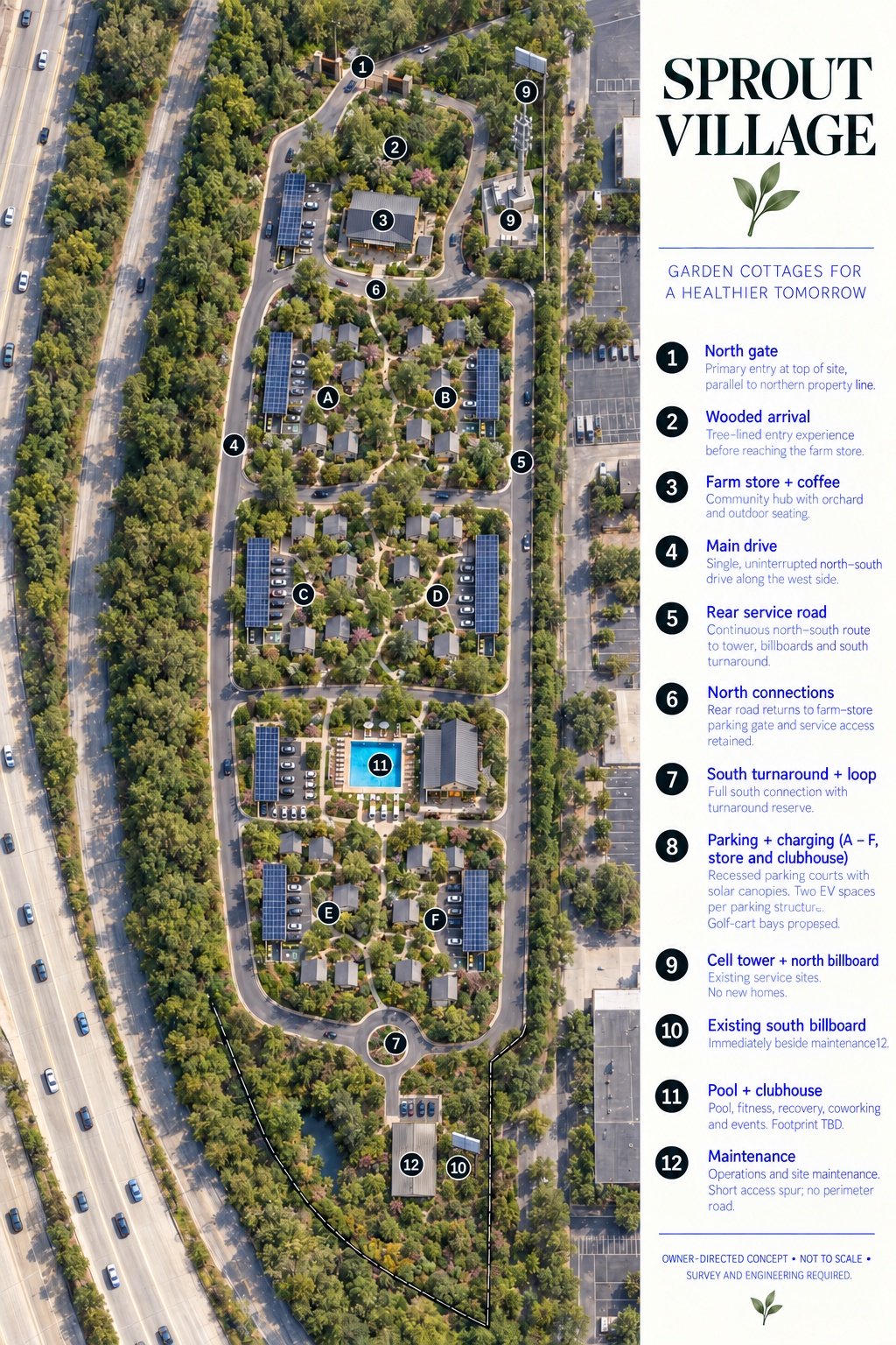 Owner-approved concept showing the tapered site, cottage groups A to F, clubhouse parking and the south billboard beside maintenance; not a measured site plan